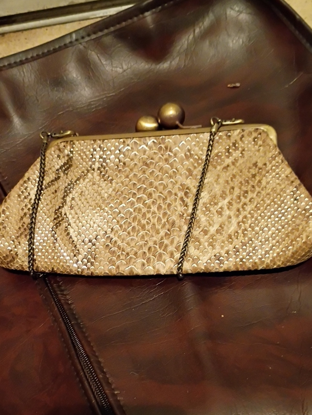 Gold-Tone Snake-Embossed Evening Clutch with Chain Strap